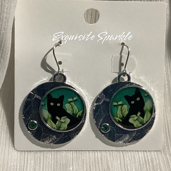 😸Oxidized Silver Alloy Black Cat Circular Hook Drop Earrings - Picture 4 of 15